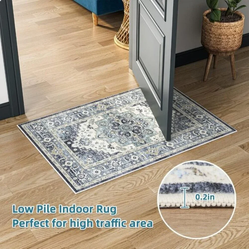 New 2x3 Vintage Washable Rug, Distressed Non-Slip Low-Pile Mat for Home & Entry